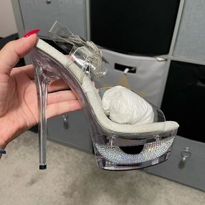 Pleaser- Fabulicious Clear Platform Sandals With Rhinestone Embellished Cut-Out.